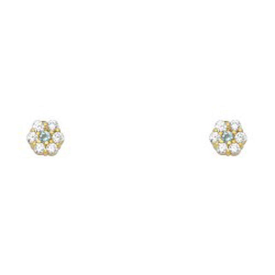 14k Yellow Gold Flower Aquamarine CZ March Birth Stone Stud Earrings With Screw Back