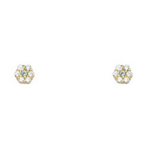 14k Yellow Gold Flower Aquamarine CZ March Birth Stone Stud Earrings With Screw Back