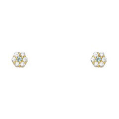 14k Yellow Gold Flower Aquamarine CZ March Birth Stone Stud Earrings With Screw Back