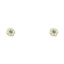 Load image into Gallery viewer, 14k Yellow Gold Flower Emerald CZ May Birth Stone Stud Earrings With Screw Back
