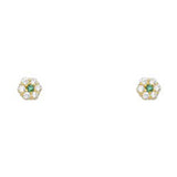 14k Yellow Gold Flower Emerald CZ May Birth Stone Stud Earrings With Screw Back
