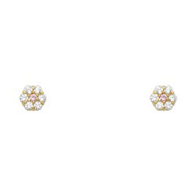14k Yellow Gold Flower Pink CZ October Birth Stone Stud Earrings With Screw Back
