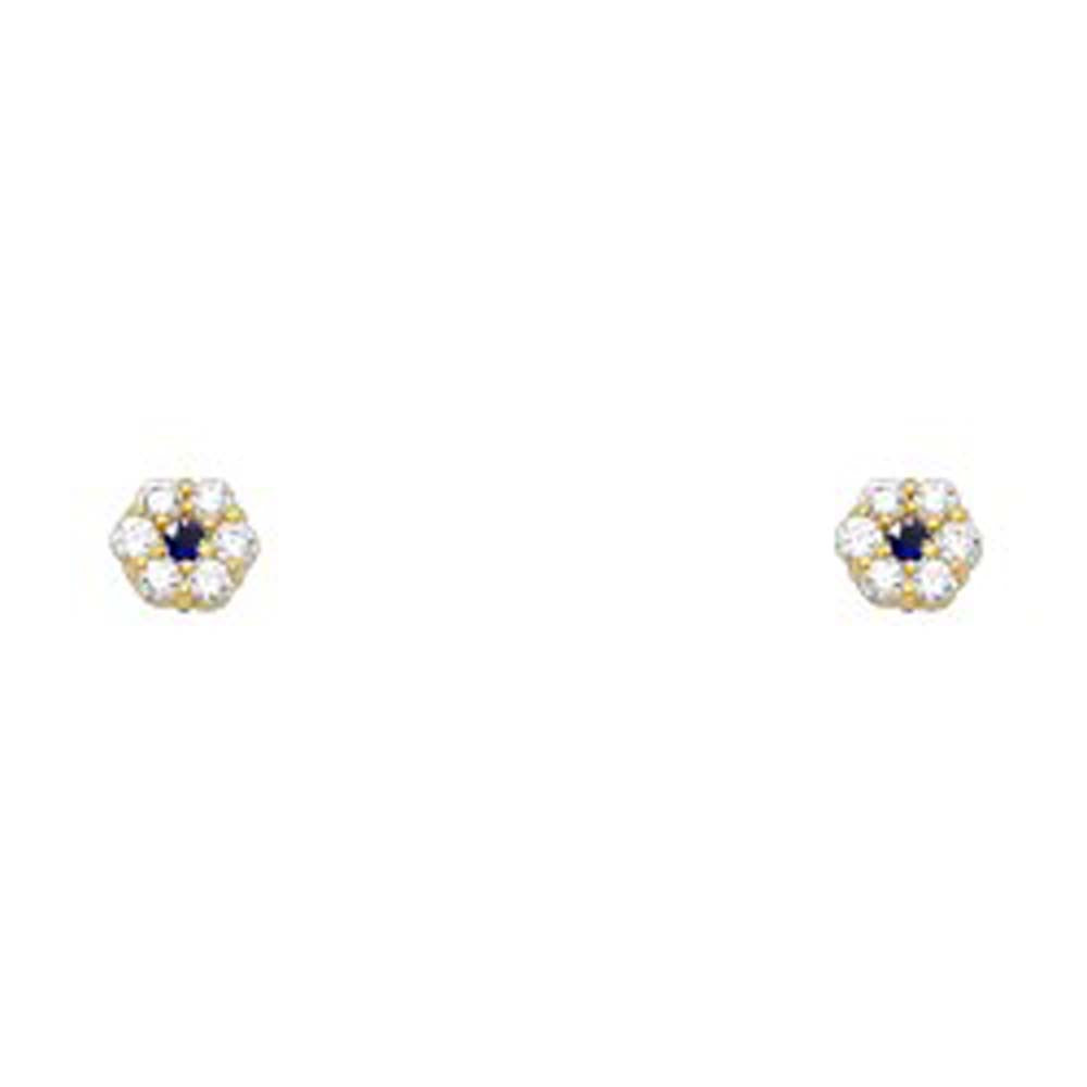 14k Yellow Gold Flower Blue Sapphire CZ September Birth Stone Stud Earrings With Screw Back
