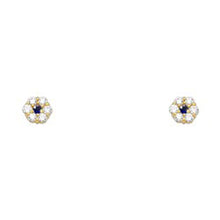 Load image into Gallery viewer, 14k Yellow Gold Flower Blue Sapphire CZ September Birth Stone Stud Earrings With Screw Back