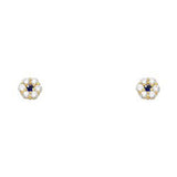 14k Yellow Gold Flower Blue Sapphire CZ September Birth Stone Stud Earrings With Screw Back