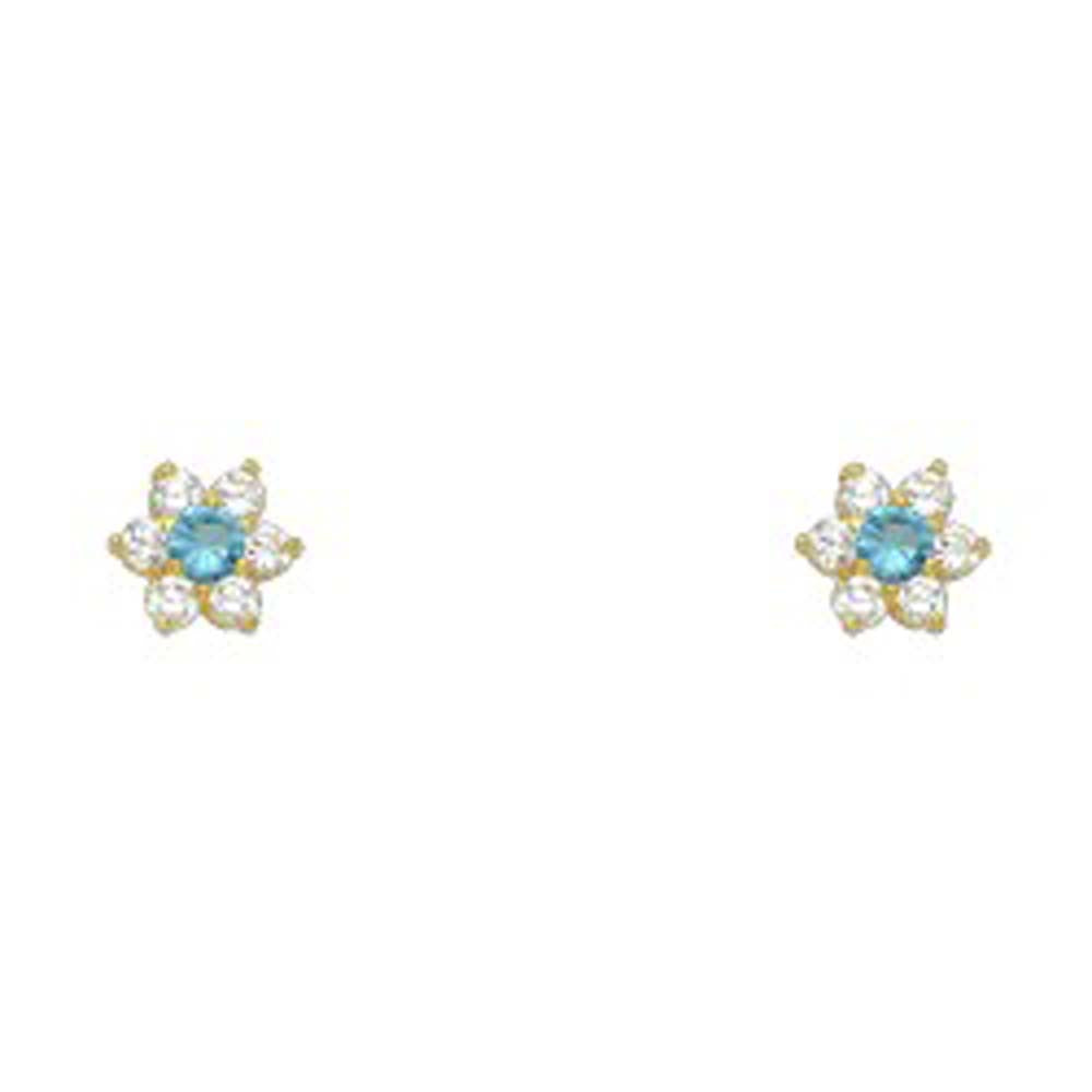 14k Yellow Gold Star Blue Zircon CZ December Birth Stone Stud Earrings With Screw Back