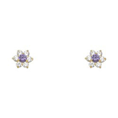 14k Yellow Gold Star Amethyst CZ February Birth Stone Stud Earrings With Screw Back