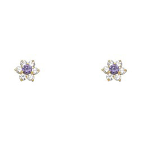 14k Yellow Gold Star Amethyst CZ February Birth Stone Stud Earrings With Screw Back