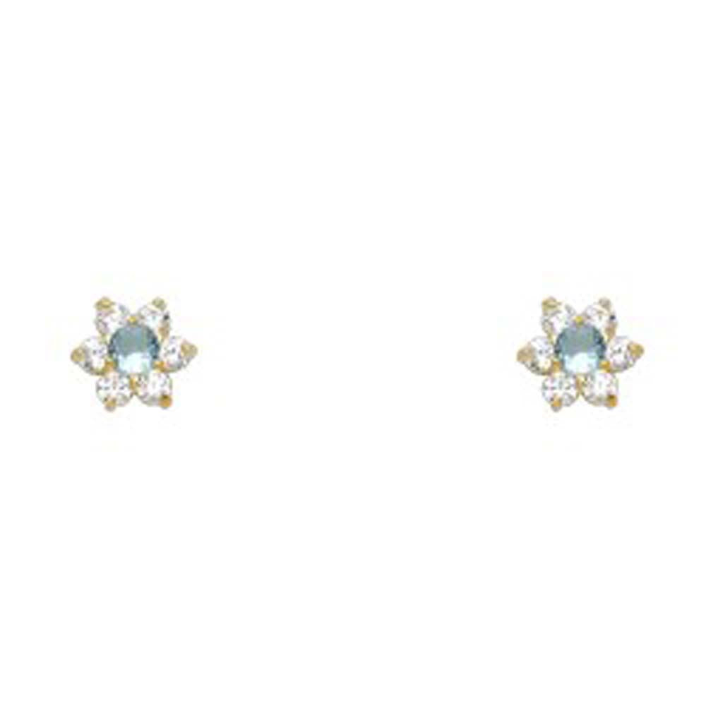 14k Yellow Gold Star Aquamarine CZ March Birth Stone Stud Earrings With Screw Back