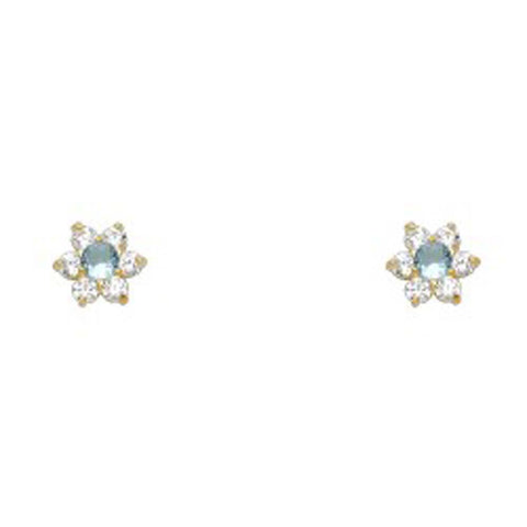 14k Yellow Gold Star Aquamarine CZ March Birth Stone Stud Earrings With Screw Back