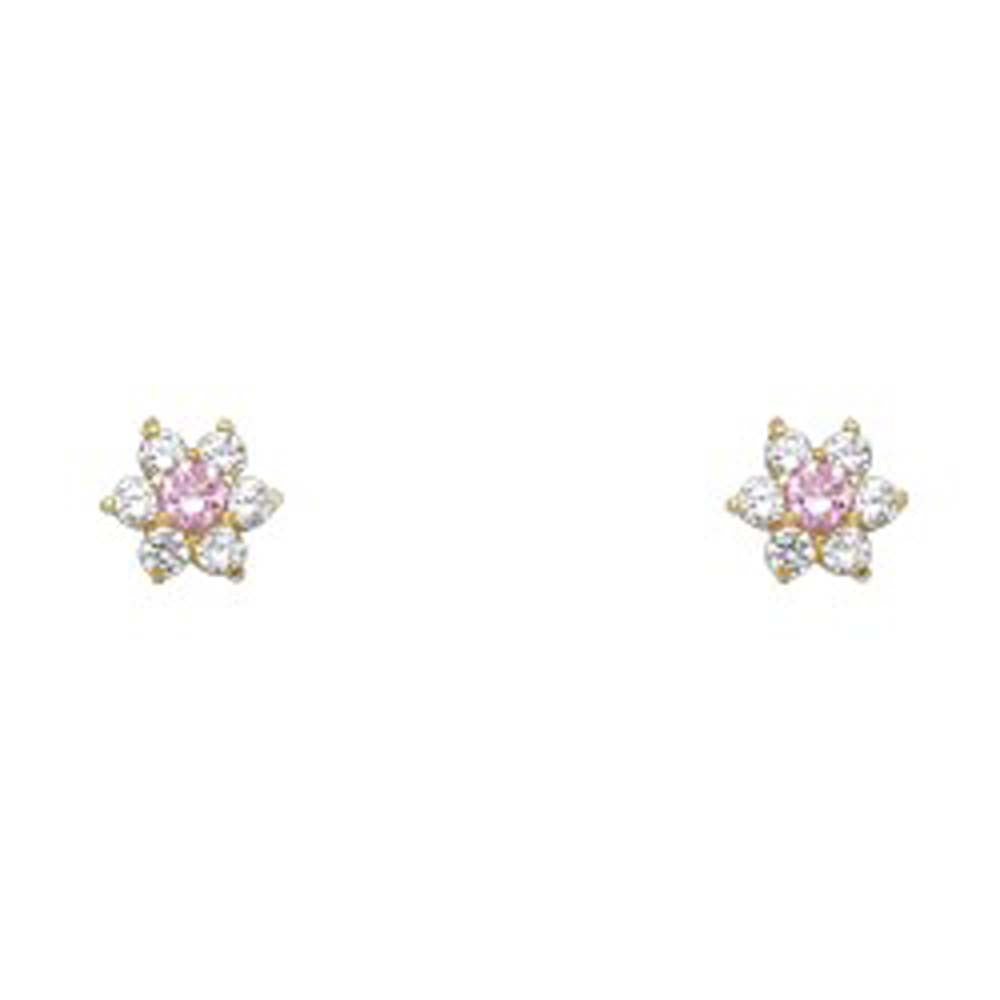 14k Yellow Gold Star Pink CZ October Birth Stone Stud Earrings With Screw Back