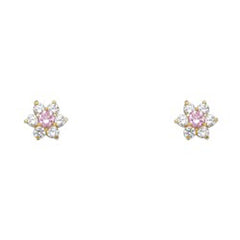 14k Yellow Gold Star Pink CZ October Birth Stone Stud Earrings With Screw Back