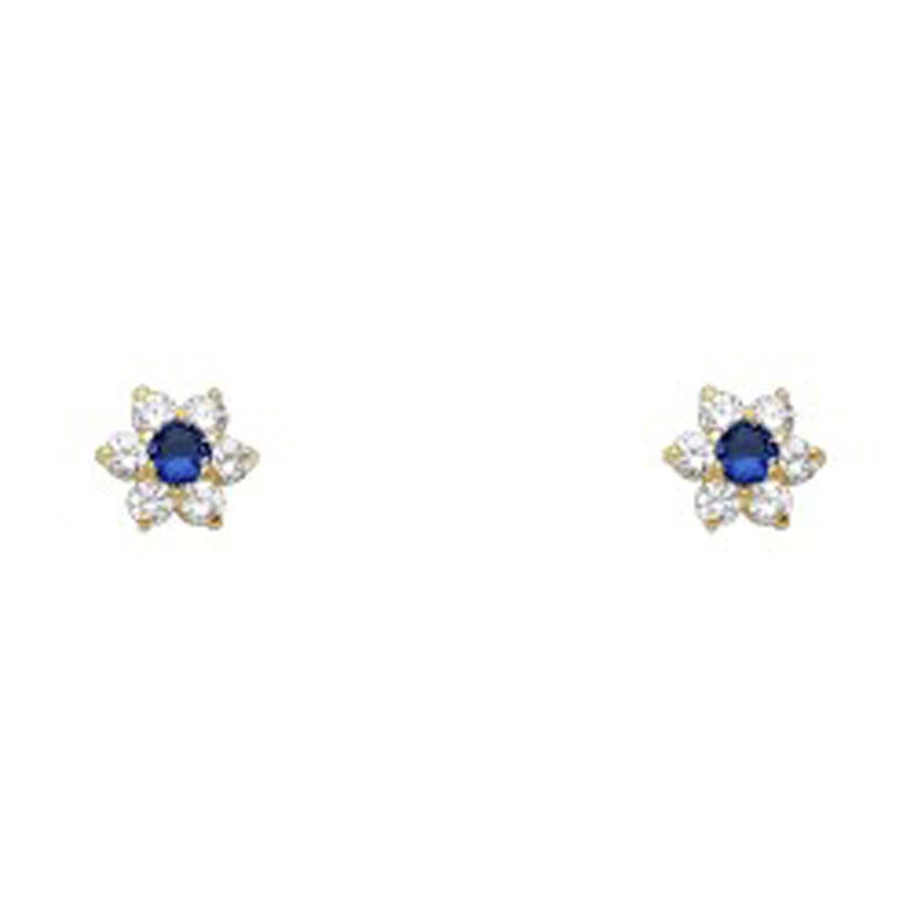 14k Yellow Gold Star Blue Sapphire CZ September Birth Stone Stud Earrings With Screw Back