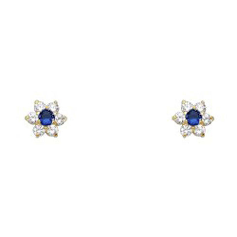 14k Yellow Gold Star Blue Sapphire CZ September Birth Stone Stud Earrings With Screw Back