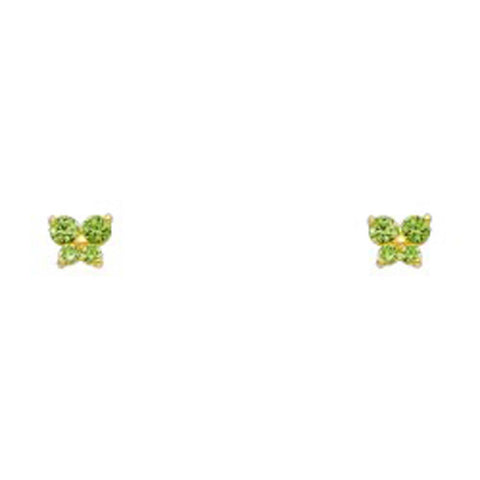 14k Yellow Gold Butterfly Peridot CZ August Birth Stone Stud Earrings With Screw Back