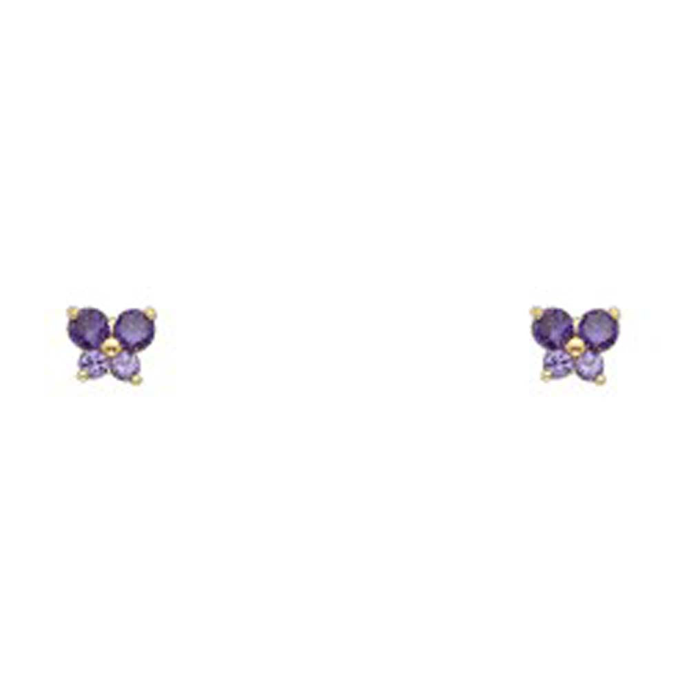 14k Yellow Gold Butterfly Amethyst CZ February Birth Stone Stud Earrings With Screw Back