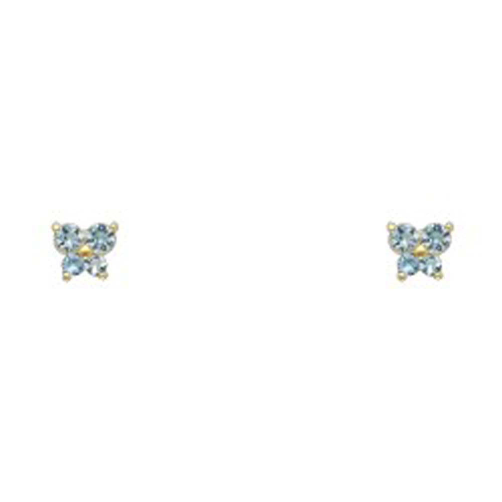 14k Yellow Gold Butterfly Aquamarine CZ March Birth Stone Stud Earrings With Screw Back