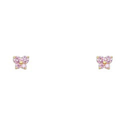 14k Yellow Gold Butterfly Pink CZ October Birth Stone Stud Earrings With Screw Back
