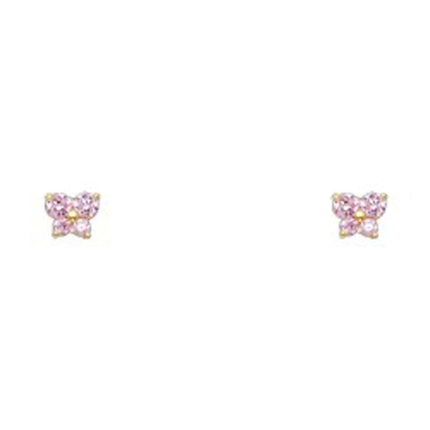 14k Yellow Gold Butterfly Pink CZ October Birth Stone Stud Earrings With Screw Back