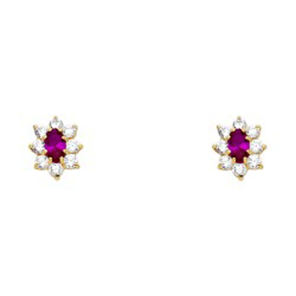 14k Yellow Gold Flower With Ruby And CZ Assorted Stud Earrings With Screw Back