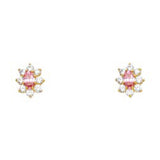 14k Yellow Gold Flower With Pink And CZ Assorted Stud Earrings With Screw Back