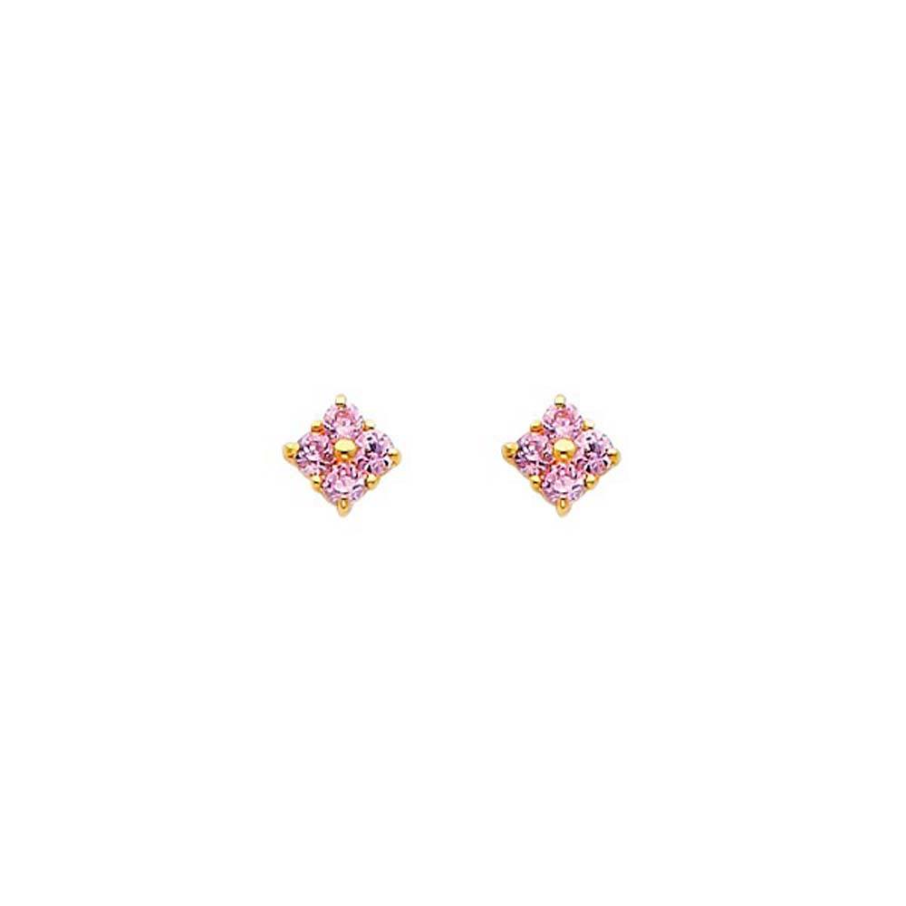 14K Yellow Gold 6mm Flower Pink CZ Stud Earrings - Screw Back