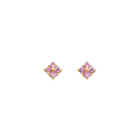 14K Yellow Gold 6mm Flower Pink CZ Stud Earrings - Screw Back