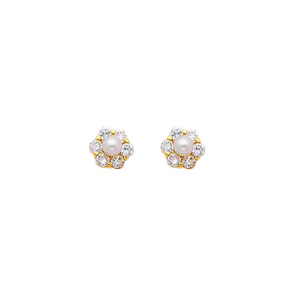 14K Yellow Gold 7mm Flower CZ and Pearl Stud Earrings - Screw Back