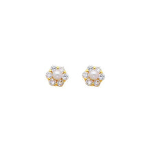Load image into Gallery viewer, 14K Yellow Gold 7mm Flower CZ and Pearl Stud Earrings - Screw Back
