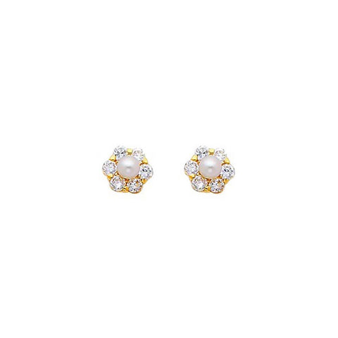 14K Yellow Gold 7mm Flower CZ and Pearl Stud Earrings - Screw Back