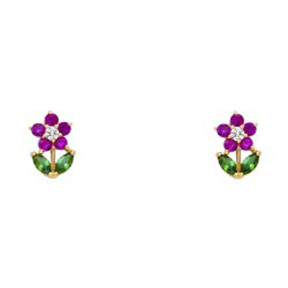 14k Yellow Gold Flower With Ruby And Emerald Assorted Stud Earrings With Screw Back