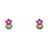 14k Yellow Gold Flower With Ruby And Emerald Assorted Stud Earrings With Screw Back