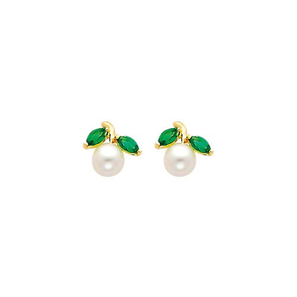 14K Yellow Gold 9mm Pearl and CZ Stud Earrings - Screw Back