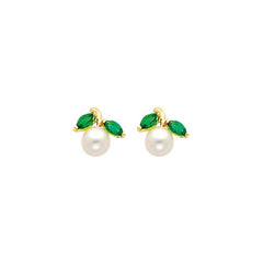 14K Yellow Gold 9mm Pearl and CZ Stud Earrings - Screw Back