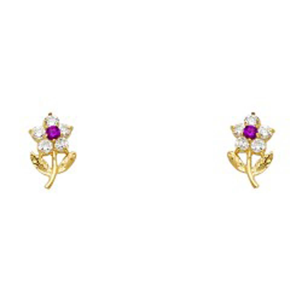 14k Yellow Gold Leaf Flower With Ruby And CZ Assorted Stud Earrings With Screw Back