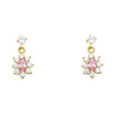14k Yellow Gold Flower With Pink And CZ Assorted Stud Earrings With Screw Back