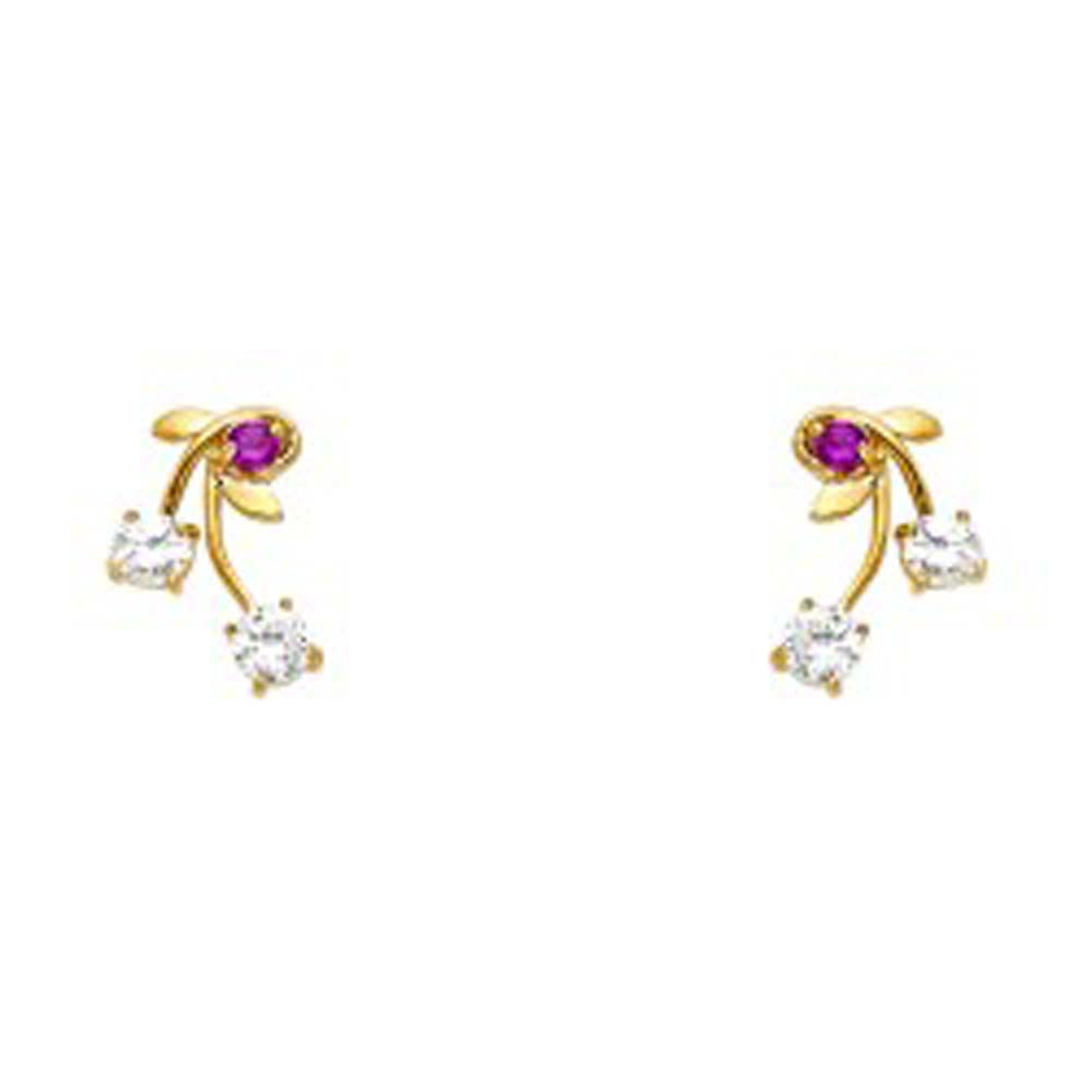 14k Yellow Gold Leaves With Ruby And CZ Assorted Stud Earrings With Screw Back