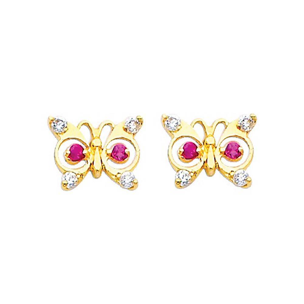 14K Yellow Gold 9mm Butterfly Ruby CZ Stud Earrings - Screw Back