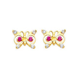 14K Yellow Gold 9mm Butterfly Ruby CZ Stud Earrings - Screw Back