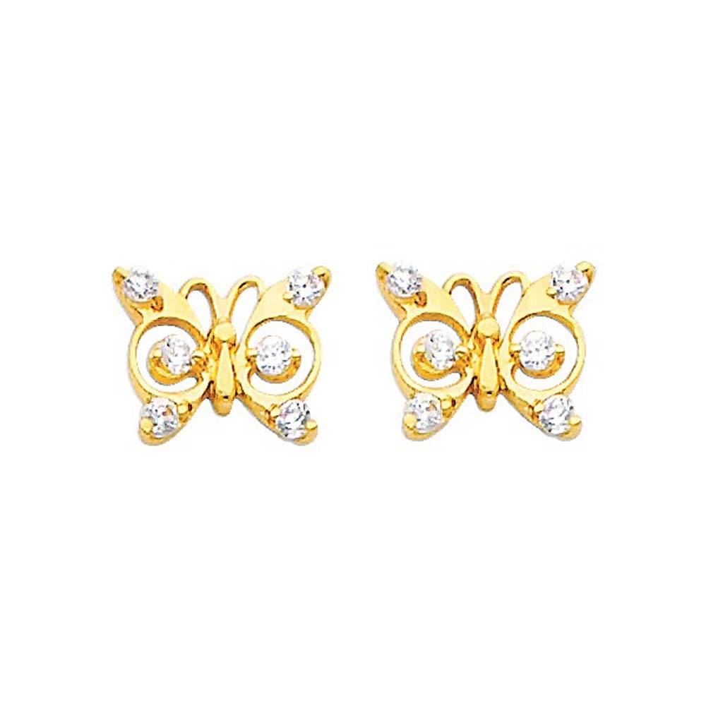 14K Yellow Gold 9mm Butterfly CZ Stud Earrings - Screw Back