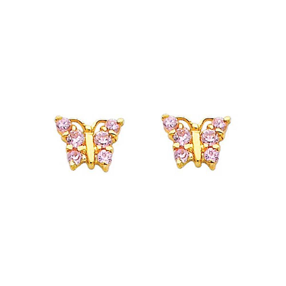 14K Yellow Gold 7mm  Butterfly Pink CZ Hanging Stud Earrings - Screw Back