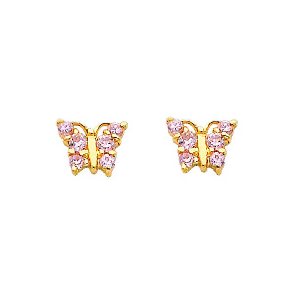 14K Yellow Gold 7mm  Butterfly Pink CZ Hanging Stud Earrings - Screw Back