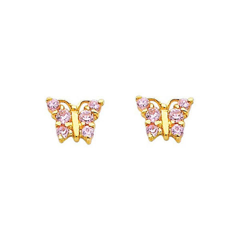 14K Yellow Gold 7mm  Butterfly Pink CZ Hanging Stud Earrings - Screw Back