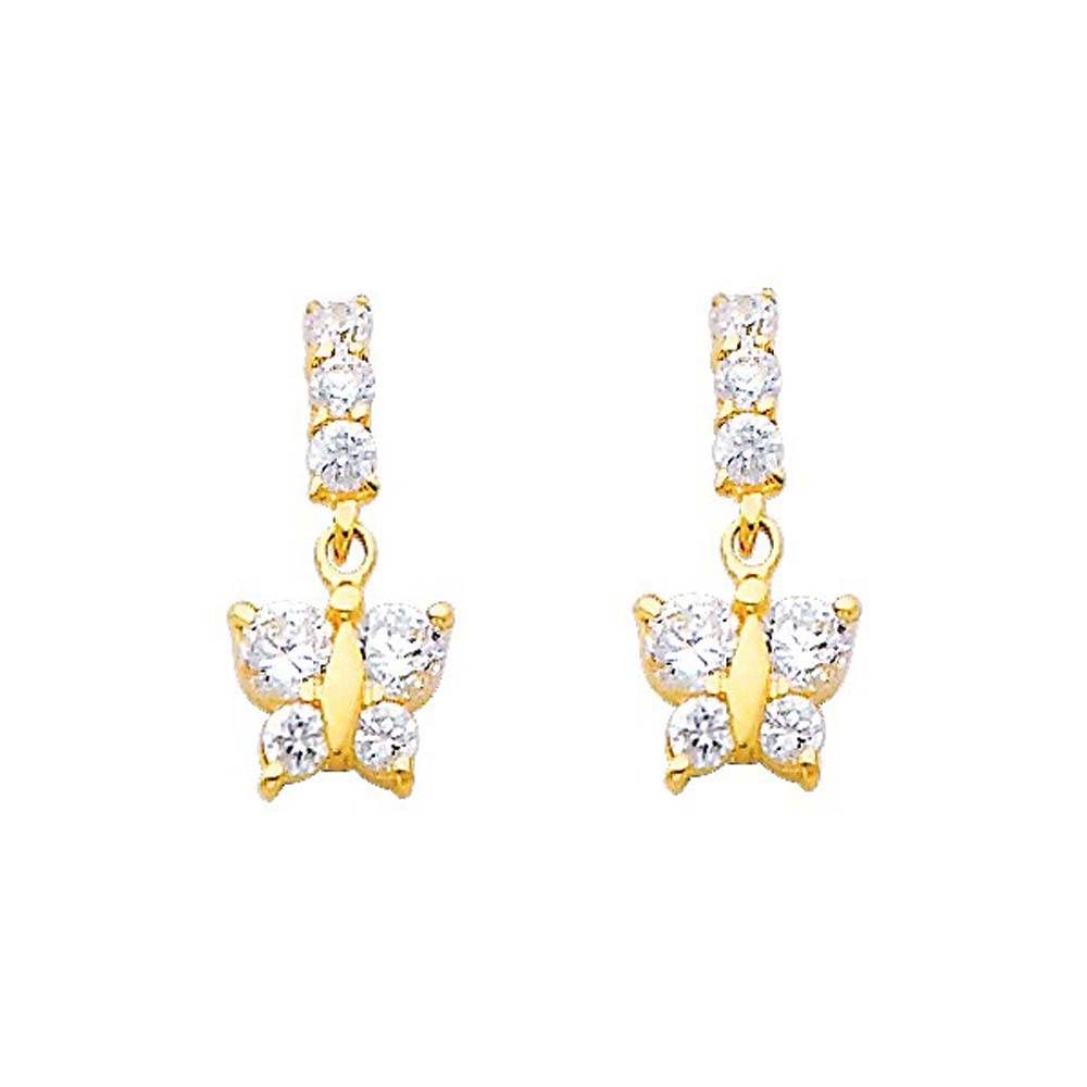 14K Yellow Gold 6mm Butterfly CZ Hanging Stud Earrings - Screw Back