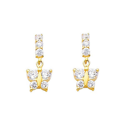 14K Yellow Gold 6mm Butterfly CZ Hanging Stud Earrings - Screw Back