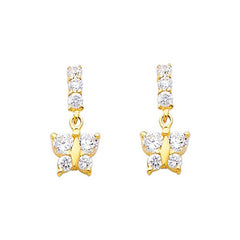 14K Yellow Gold 6mm Butterfly CZ Hanging Stud Earrings - Screw Back