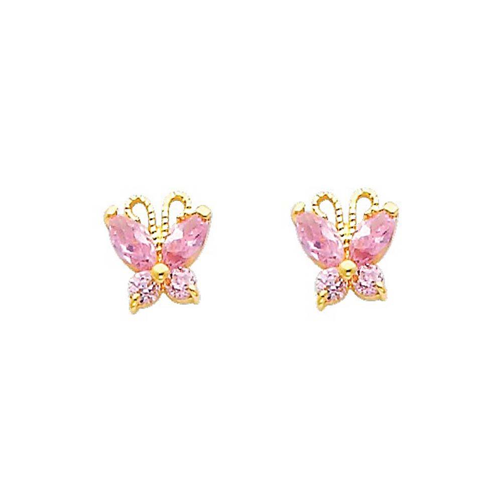 14K Yellow Gold 6mm Butterfly Pink CZ Stud Earrings - Screw Back