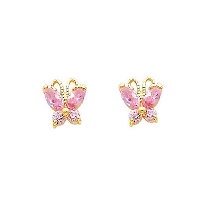 14K Yellow Gold 6mm Butterfly Pink CZ Stud Earrings - Screw Back