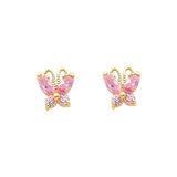 14K Yellow Gold 6mm Butterfly Pink CZ Stud Earrings - Screw Back