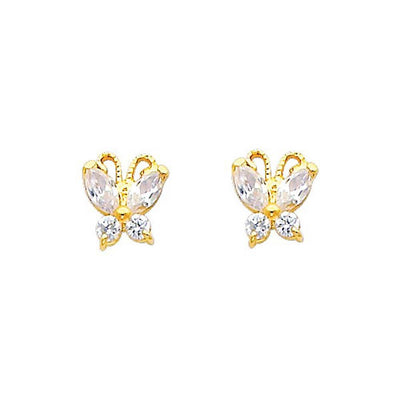 14K Yellow Gold 6mm Butterfly CZ Stud Earrings - Screw Back